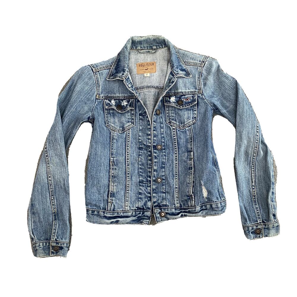 Vintage Hollister‎ Trucker Denim Jacket Womens XS Distressed Faded Red Logo